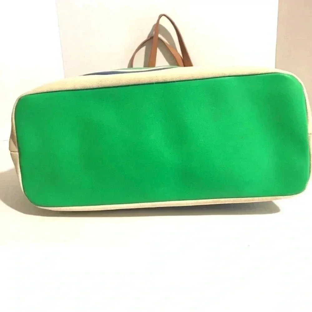 Tory Burch beige/ blue green striped canvas hobo handbag